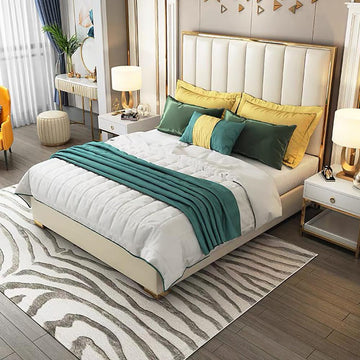 Queen Size Platform Bed White Upholstered Faux Leather Bed with Gold Legs